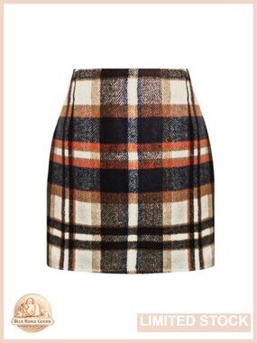 Plaid Mini Pencil Skirt High Waist Wool Blend Bodycon Above Knee